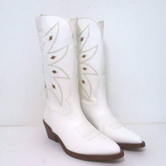Partlow Abigail 55 Metallic-Embroidered Cowboy Boots White Leather Size 39 - Picture 1 of 16